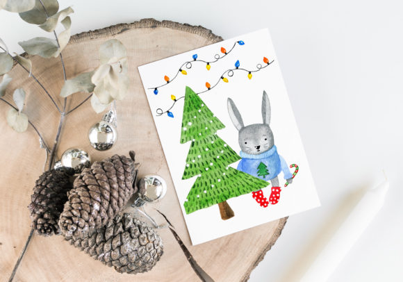 Bunny and Christmas Tree Printable Card Illustrations