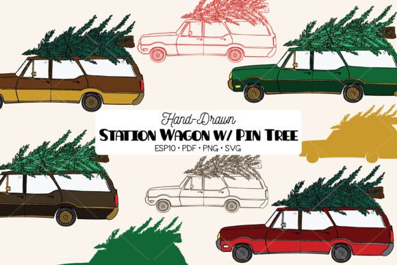 Color Station Wagon Car Christmas Tree Illustrations