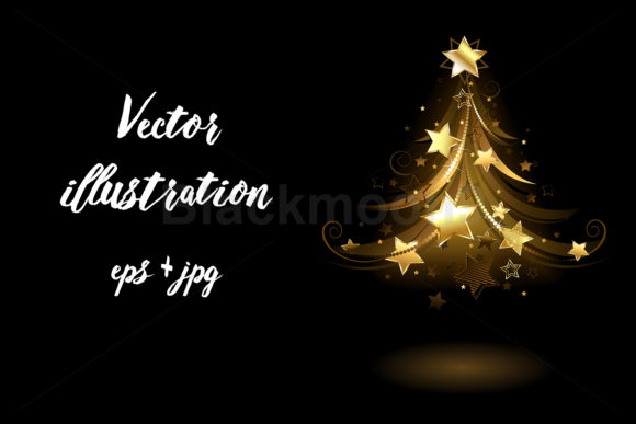 Golden Fir with Stars Christmas Tree Illustrations