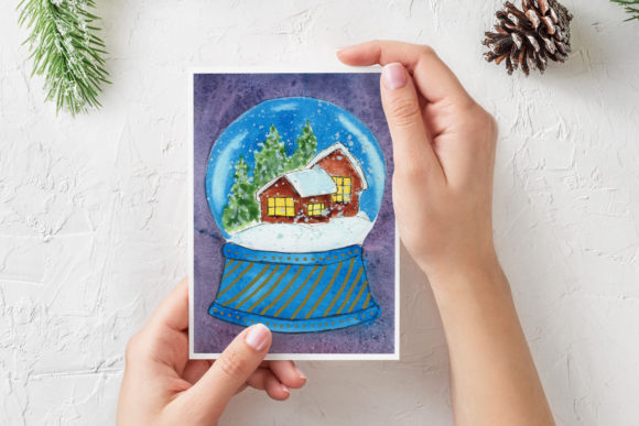 Watercolor Christmas Card Snow Globe Illustration