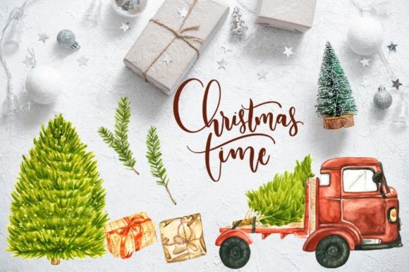 Watercolor Christmas Pick Up Truck Illustrations